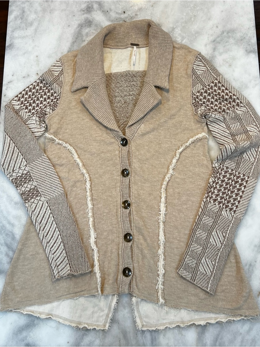 Free People Beige Shawl-Collar Button Cardigan with Patterned Sleeves